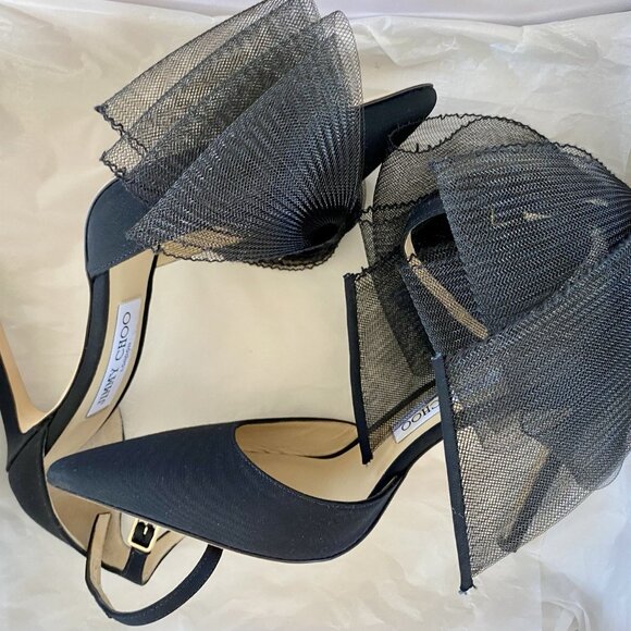 Jimmy Choo Averly Black Heels Asymmetric Fascinator Bows - Picture 4 of 16
